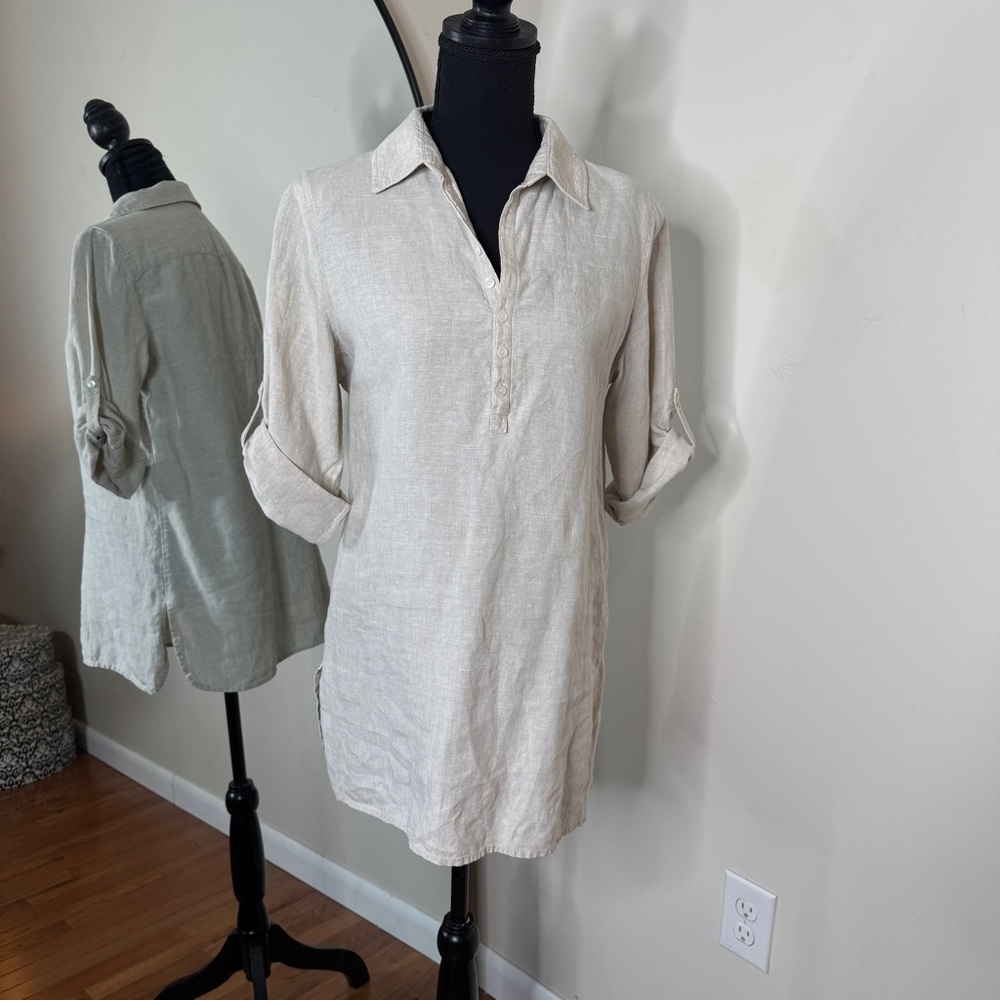 Jones New York Linen Tunic Shirt Roll Sleeve Beige Size S